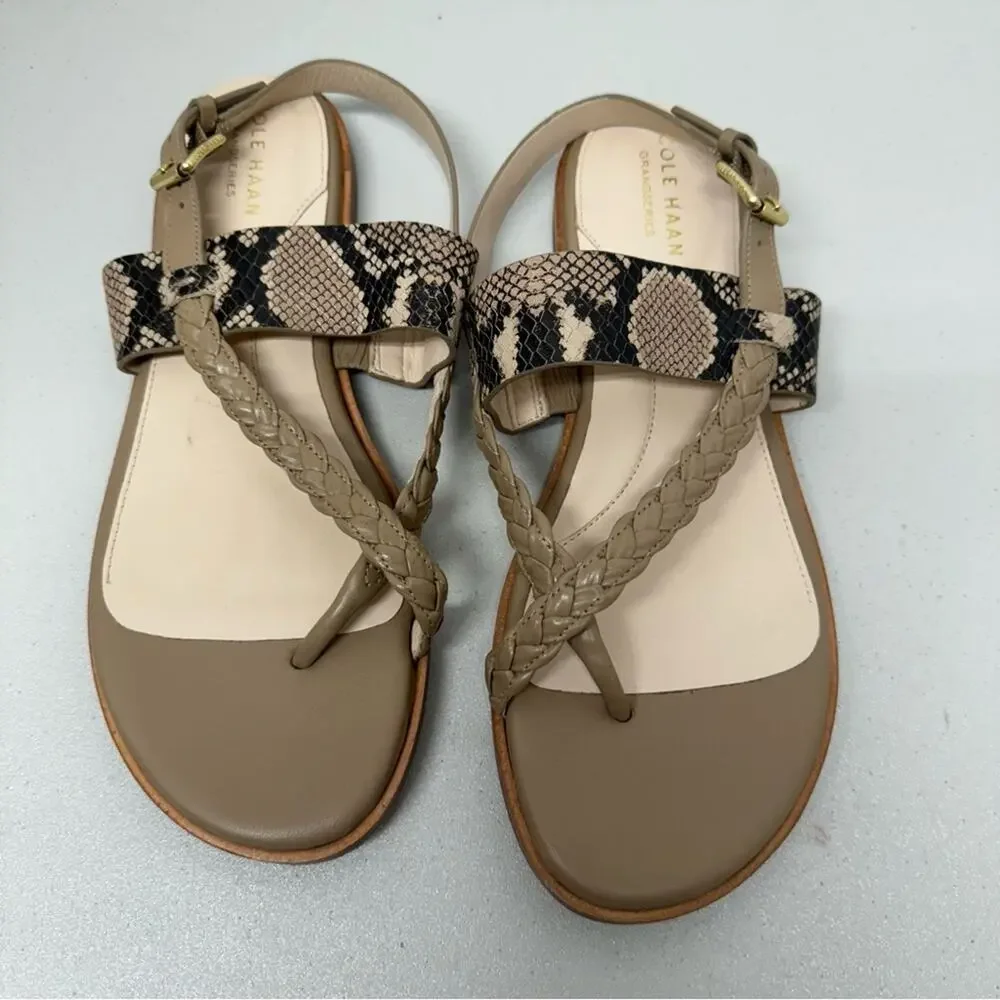 Cole Haan Grand Series Strappy Leather Sandals Women 8.5 Snake Print Cream Beach
